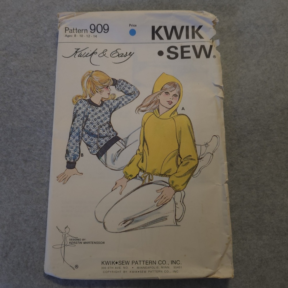 Vintage Kwik Sew 909 Girls Hoodie Pullover Jacket Pattern 8-14 UNCUT 1970s